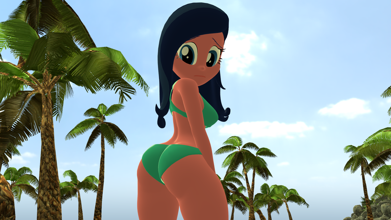 Size: 1920x1080 | Tagged: suggestive, artist:mr.uberrebu25, derpibooru import, desert sage, equestria girls, 3d, ass, beach, beach babe, bikini, bikini babe, breasts, busty desert sage, butt, clothes, embarrassed, frown, green swimsuit, image, looking at butt, png, sage booty, solo, stupid sexy desert sage, swimsuit