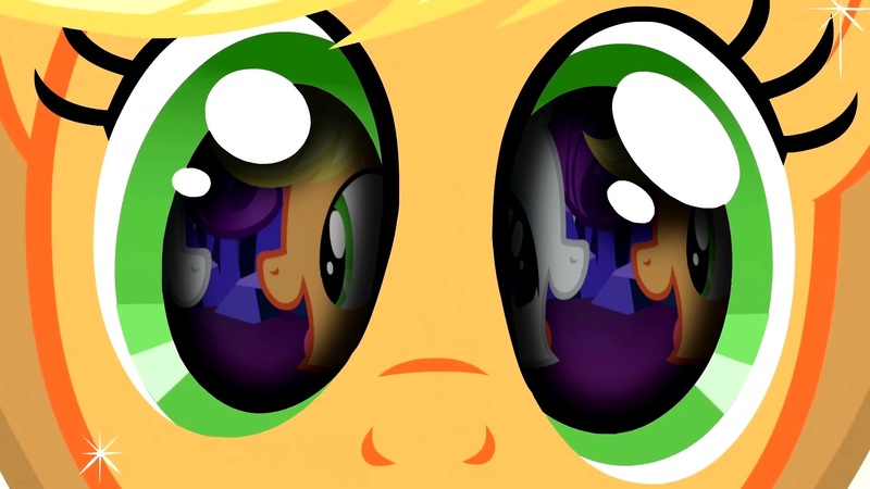 Size: 1920x1080 | Tagged: safe, derpibooru import, edit, edited screencap, screencap, applejack, rarity, earth pony, pony, unicorn, magical mystery cure, twilight's kingdom, a true true friend, eye reflection, image, jpeg, looking at each other, looking at someone, reflection