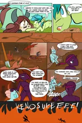 Size: 2594x3864 | Tagged: semi-grimdark, artist:skunkstripe, derpibooru import, ocellus, sandbar, yona, anthro, pony, yak, ants, blood, comic, dialogue, dumb yung-six comics, fire, flag, image, png, spear, sword, war, weapon