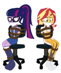 Size: 1024x1216 | Tagged: safe, artist:cartoonmasterv3, derpibooru import, sci-twi, sunset shimmer, twilight sparkle, equestria girls, arm behind back, bondage, bound and gagged, cloth gag, gag, help, image, png, rope, rope bondage, sad, scared, tied to chair, tied up, worried