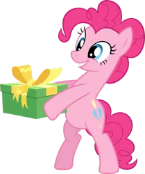 Size: 817x977 | Tagged: safe, derpibooru import, pinkie pie, earth pony, a friend in deed, april fools, bipedal, image, png, present, ribbon, smiling, standing on two hooves