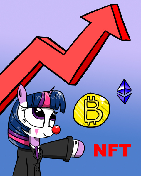 Size: 800x1000 | Tagged: safe, artist:twi clown, derpibooru import, oc, oc:twi clown, bitcoin, clone, clothes, clown, clown nose, cryptocurrency, ethereum, image, jpeg, meme, necktie, nft, stonks, suit