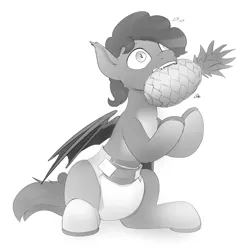 Size: 2496x2476 | Tagged: suggestive, artist:edrian, derpibooru import, oc, oc:sharp point, unofficial characters only, bat pony, bat pony oc, bat wings, cute, diaper, diaper fetish, fetish, food, image, monochrome, non-baby in diaper, pineapple, png, wings