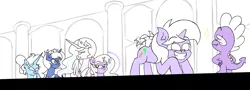 Size: 8460x3060 | Tagged: safe, artist:iceflower99, derpibooru import, princess celestia, princess luna, spike, twilight sparkle, oc, oc:buggy brush, oc:darky spell, fanfic, fanfic art, giggling, image, monochrome, png, smiling, tail, tail wag, unsound effect
