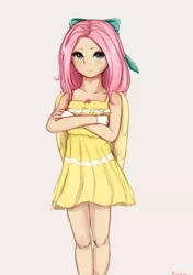 Size: 2436x3456 | Tagged: safe, artist:miokomata, derpibooru import, fluttershy, human, blushing, bow, clothes, crossed arms, dress, fingerless gloves, freckles, freckleshy, gloves, hair bow, high res, humanized, image, looking at you, png, simple background, solo, sundress, white background, winged humanization, wings