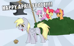 Size: 1370x850 | Tagged: semi-grimdark, artist:zeffdakilla, derpibooru import, apple bloom, derpy hooves, scootaloo, sweetie belle, earth pony, pegasus, pony, unicorn, abstract background, anvil, april fools, april fools 2022, bush, cutie mark crusaders, derpy gets pranked, food, giggling, grimderp, happy, image, implied death, muffin, png, reference, rope, scissors, standing