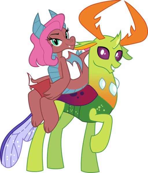 Size: 2403x2815 | Tagged: safe, artist:lightningbolt, artist:mellowhen, derpibooru import, edit, idw, mina, thorax, changedling, changeling, dragon, spoiler:comic, spoiler:comicff14, .svg available, bedroom eyes, claws, comic book, curved horn, derpibooru exclusive, dragon wings, dragoness, fangs, female, folded wings, grin, happy, horn, horns, idw showified, image, interspecies, king thorax, looking at you, male, minarax, png, raised hoof, shipping, simple background, smiling, standing, straight, transparent background, vector, wings
