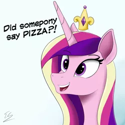 Size: 2400x2400 | Tagged: safe, artist:egstudios93, derpibooru import, princess cadance, pony, bust, hat, hat pop, image, peetzer, png, portrait, solo, that pony sure does love pizza