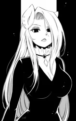 Size: 2440x3850 | Tagged: safe, artist:nekoshiei, derpibooru import, fluttershy, anthro, black and white, breasts, busty fluttershy, cleavage, ear piercing, earring, female, fluttergoth, grayscale, image, jewelry, jpeg, looking at you, monochrome, necklace, piercing, solo