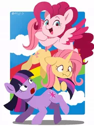 Size: 766x1021 | Tagged: safe, artist:efuji_d, derpibooru import, fluttershy, pinkie pie, twilight sparkle, earth pony, pegasus, pony, unicorn, earth pony twilight, female, fluttershy (g5 concept leak), g5 concept leaks, image, jpeg, mare, pegasus pinkie pie, pinkie pie (g5 concept leak), race swap, rainbow, tail, tail pull, trio, twilight sparkle (g5 concept leak), unicorn fluttershy