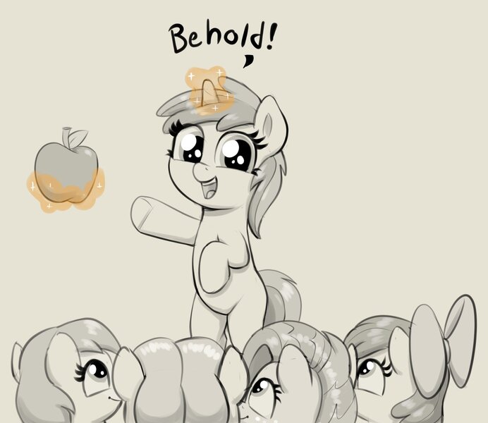 Size: 1890x1638 | Tagged: safe, artist:heretichesh, derpibooru import, apple bloom, babs seed, liberty belle, earth pony, pony, unicorn, apple, bipedal, cute, female, filly, foal, food, image, jpeg, levitation, magic, monochrome, open mouth, open smile, partial color, smiling, telekinesis