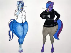 Size: 1218x910 | Tagged: suggestive, artist:thaliaglacyswells, derpibooru import, oc, oc:blue monday, oc:urban wave, unofficial characters only, anthro, unicorn, big breasts, bottom heavy, breast expansion, breasts, butt, butt expansion, coffee, fat, growth, hip expansion, huge breasts, huge butt, hyper, hyper breasts, hyper butt, hyper pear, image, impossibly large breasts, impossibly large butt, impossibly wide hips, jpeg, large butt, pear shaped, the ass was fat, thicc ass, thicc thighs, thick, wide hips