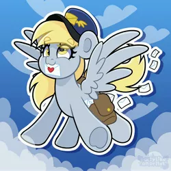 Size: 4000x4000 | Tagged: safe, artist:partylikeanartist, derpibooru import, derpy hooves, pegasus, pony, bag, clothes, cloud, cross-eyed, envelope, eye clipping through hair, eyebrows, flying, hat, image, jpeg, mailmare, saddle bag, solo, sticker, uniform