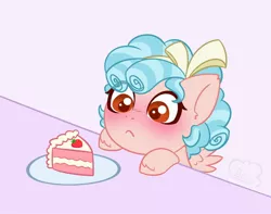 Size: 2244x1764 | Tagged: safe, artist:cloudberry_mess, derpibooru import, cozy glow, pegasus, pony, blushing, bow, cake, chibi, commission, curly mane, eyes on the prize, female, filly, foal, food, frosting, g4, hair bow, image, jpeg, slice of cake, solo, spread wings, strawberry, strawberry cake, wings, ych result