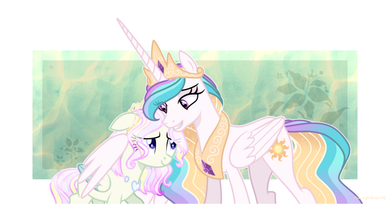 Size: 5545x2901 | Tagged: safe, artist:moonnightshadow-mlp, derpibooru import, princess celestia, oc, oc:eloiza crystal, changepony, hybrid, pony, female, hug, image, interspecies offspring, mother and child, mother and daughter, offspring, parent:princess celestia, parent:thorax, parents:thoralestia, png, winghug, wings