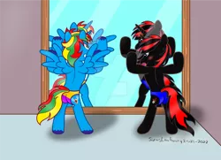 Size: 1024x743 | Tagged: suggestive, artist:sorasleafeon, derpibooru import, oc, oc:shadow sora, oc:shield wing, unofficial characters only, alicorn, pony, unicorn, alicorn oc, duo, duo male, flexing, horn, image, male, mirror, mirror reflections, png, signature, speedo, stallion, standing on two hooves, unicorn oc, vector, wings