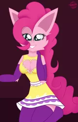 Size: 1718x2690 | Tagged: suggestive, artist:toxinagraphica, derpibooru import, part of a set, pinkie pie, anthro, earth pony, pony, unguligrade anthro, breasts, cheek fluff, chest fluff, clothes, cute, dress, ear fluff, eyelashes, female, fluffy, gala dress, gloves, hand, heart, high res, image, long ears, mare, png, sexy, smiling, socks, solo, solo female, stockings, thigh highs, wide smile