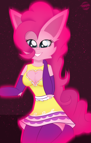 Size: 1718x2690 | Tagged: suggestive, alternate version, artist:toxinagraphica, derpibooru import, part of a set, pinkie pie, anthro, earth pony, pony, unguligrade anthro, breasts, cheek fluff, chest fluff, clothes, cute, dress, ear fluff, eyelashes, female, fluffy, gala dress, gloves, glow, hand, heart, high res, image, long ears, mare, png, sexy, smiling, socks, solo, solo female, stockings, thigh highs, wide smile
