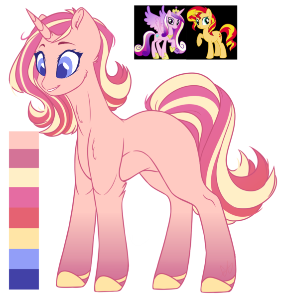 Size: 1136x1200 | Tagged: safe, artist:purplegrim40, derpibooru import, princess cadance, sunset shimmer, oc, alicorn, pony, unicorn, colored hooves, female, horn, image, magical lesbian spawn, mare, offspring, parent:princess cadance, parent:sunset shimmer, png, raised hoof, reference sheet, simple background, transparent background, unicorn oc