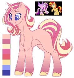 Size: 1136x1200 | Tagged: safe, artist:purplegrim40, derpibooru import, princess cadance, sunset shimmer, oc, alicorn, pony, unicorn, colored hooves, female, horn, image, magical lesbian spawn, mare, offspring, parent:princess cadance, parent:sunset shimmer, png, raised hoof, reference sheet, simple background, transparent background, unicorn oc