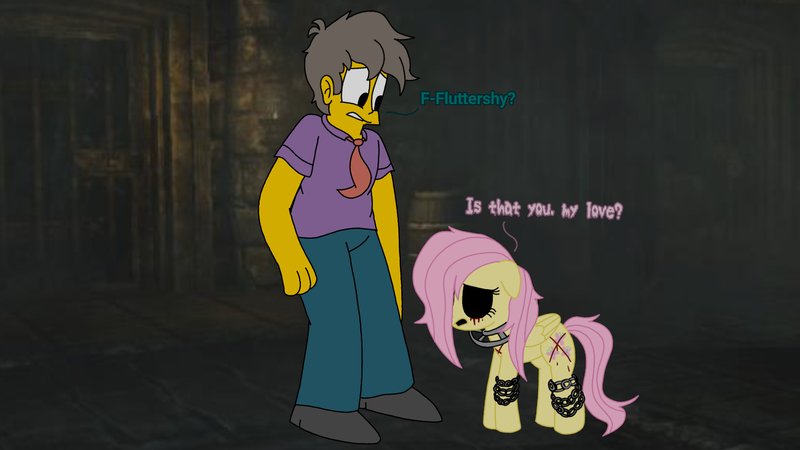 Size: 1920x1080 | Tagged: grimdark, artist:haileykitty69, derpibooru import, fluttershy, human, pegasus, pony, amnesia, amnesiashy, crossover, crossover shipping, fluttermour, image, interspecies, png, seymour skinner, shipping, the simpsons