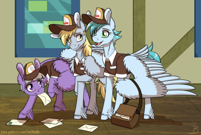 Size: 1616x1088 | Tagged: safe, artist:inuhoshi-to-darkpen, derpibooru import, appointed rounds, derpy hooves, rainy day, pegasus, pony, caring, clothes, ear fluff, image, leg fluff, letter, mail, mailbag, mouth hold, png