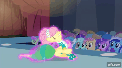 Size: 640x360 | Tagged: safe, derpibooru import, screencap, amethyst star, derpy hooves, fluttershy, lyra heartstrings, minuette, earth pony, pegasus, pony, unicorn, green isn't your color, season 1, animated, animation error, clothes, dress, eyes closed, female, gif, gifs.com, image, magic, mare, open mouth, spread wings, wings