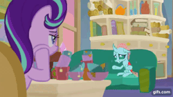 Size: 640x360 | Tagged: safe, derpibooru import, screencap, ocellus, starlight glimmer, bugbear, changedling, changeling, dragon, earth pony, pony, unicorn, season 9, student counsel, spoiler:s09, animated, bugbear ocellus, couch, disguise, disguised changeling, dragon ocellus, duo, female, gif, gifs.com, head in hooves, image, mare, pony ocellus, school of friendship, shapeshifting, starlight's office