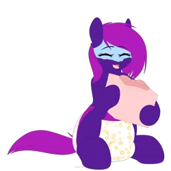 Size: 3000x3000 | Tagged: suggestive, artist:xcinnamon-twistx, derpibooru import, oc, oc:aeris strider, unofficial characters only, earth pony, pony, bow, box, cute, diaper, eyes closed, foal, happy, image, mask, open mouth, open smile, png, present, simple background, smiling, solo, transparent background