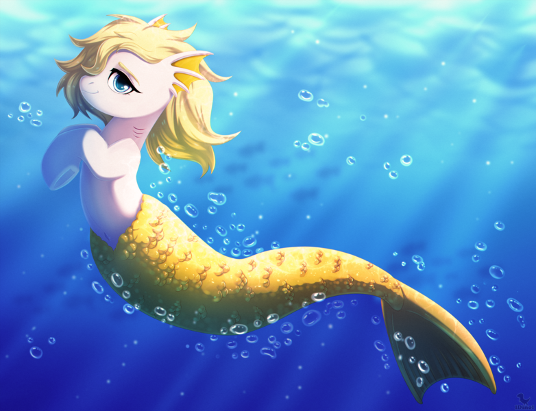 Size: 2000x1534 | Tagged: safe, alternate version, artist:dinoalpaka, derpibooru import, oc, oc:salmonia, unofficial characters only, fish, merpony, pony, blue background, blue eyes, bubble, crepuscular rays, female, fish tail, flowing mane, flowing tail, gills, high res, image, looking at you, mare, mermaid tail, ocean, png, simple background, smiling, solo, solo female, sunlight, swimming, tail, underwater, water, yellow mane