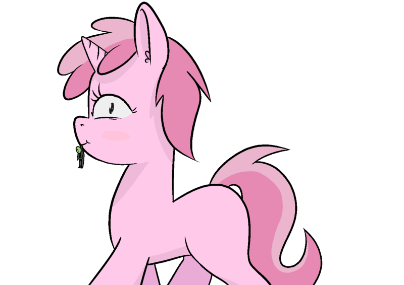 Size: 1414x1000 | Tagged: safe, alternate version, artist:happy harvey, derpibooru import, ruby pinch, oc, oc:anon, human, pony, unicorn, carrying, drawn on phone, female, filly, foal, giant pony, holding, image, larger female, looking at you, looking up, macro, macro/micro, male, micro, png, shrunken pupils, simple background, size difference, smaller male, smiling, transparent background, walking