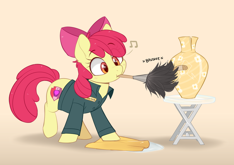 Size: 1280x900 | Tagged: safe, artist:higgly-chan, derpibooru import, apple bloom, earth pony, pony, adorabloom, apple bloom's bow, bandaid, bow, cute, duster, female, filly, foal, hair bow, image, janitor, mouth hold, music notes, nft, png, pun, solo, towel, vase