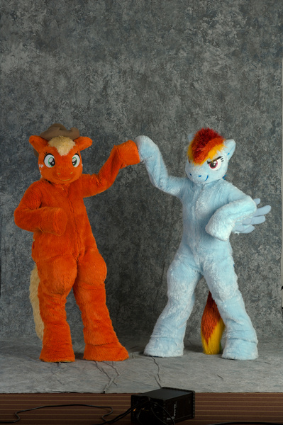 Size: 2860x4296 | Tagged: safe, artist:spainfischer, derpibooru import, applejack, rainbow dash, anthro, earth pony, human, pegasus, pony, 2011, convention, cowboy hat, duo, fursuit, g4, hat, hoofbump, image, irl, irl human, jpeg, photo, ponysuit, pose, raised hoof, simple background, smiling, smirk, spread wings, tail, wings