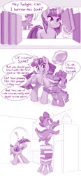 Size: 1080x2326 | Tagged: safe, artist:dstears, derpibooru import, spike, twilight sparkle, dragon, pony, unicorn, book, bookshelf, chair, comic, cookie, cookie jar, cute, dialogue, exclamation point, female, food, glow, glowing horn, happy, horn, image, jpeg, male, mare, open mouth, refrigerator, spikabetes, stool, tongue out, twiabetes, twilight sparkle is not amused, unamused, unicorn twilight