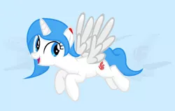 Size: 1005x636 | Tagged: safe, artist:lywings, derpibooru import, ponified, alicorn, pony, air china, blue mane, blue tail, china, female, flying, full body, hooves, image, jpeg, mare, open mouth, open smile, smiling, solo, spread wings, tail, wings