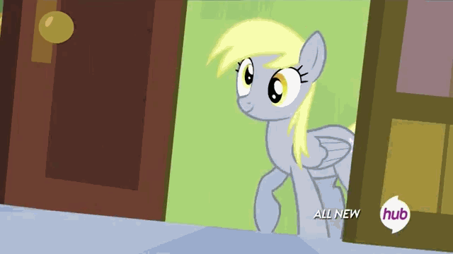 Size: 640x360 | Tagged: safe, derpibooru import, screencap, derpy hooves, pegasus, pony, rainbow falls, season 4, all new, animated, cute, derpabetes, derpy's flag, female, flag, flag waving, folded wings, gif, hoof hold, hooves, hub logo, image, logo, mare, open mouth, open smile, smiling, solo, standing, text, the hub, wall eyed, wings