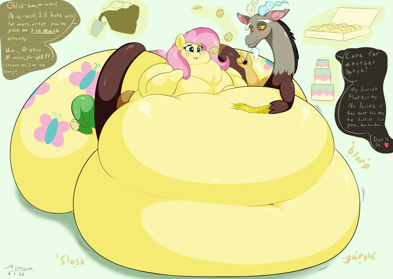 Size: 4500x3200 | Tagged: questionable, artist:astrum, derpibooru import, discord, fluttershy, draconequus, pegasus, pony, belly, belly button, belly on floor, big belly, bingo wings, blushing, box, butt, cake, chest fluff, chubby cheeks, cookie, cuddling, cup, dialogue, digital art, discoshy, donut, fat, fat fetish, fattershy, feedee, feedeeshy, feeder, feeding, female, fetish, flutterbutt, food, hand on belly, huge belly, huge butt, image, immobile, impossibly large belly, impossibly large butt, large butt, lidded eyes, lying down, magic, male, morbidly obese, obese, onomatopoeia, open mouth, png, shipping, simple background, squishy, stomach noise, straight