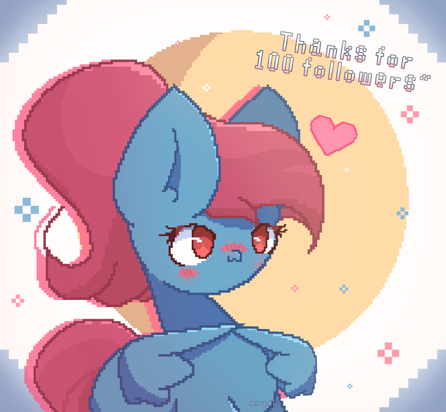 Size: 2600x2400 | Tagged: safe, artist:miryelis, derpibooru import, oc, oc:rainven wep, pegasus, pony, blushing, heart, image, pixel art, png, ponytail, red eyes, shy, simple background, solo, text, thank you, wings