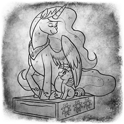 Size: 400x400 | Tagged: safe, artist:arcticwaters, princess celestia, twilight sparkle, alicorn, pony, unicorn, fanfic:the enchanted library, fanfic art, female, image, mare, png, proud, sitting, statue, unicorn twilight