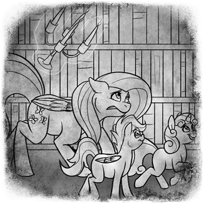 Size: 400x400 | Tagged: safe, artist:arcticwaters, fluttershy, scootaloo, sweetie belle, pony, fanfic:the enchanted library, black and white, book, bookshelf, chandelier, fanfic art, female, filly, grayscale, image, mare, monochrome, png, scared