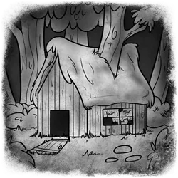 Size: 400x400 | Tagged: safe, artist:arcticwaters, fanfic:the enchanted library, black and white, dilapidated, fanfic art, grayscale, house, image, monochrome, no pony, png, ruin, tree