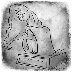 Size: 400x400 | Tagged: safe, artist:arcticwaters, princess luna, alicorn, pony, fanfic:the enchanted library, black and white, cloak, clothes, fanfic art, female, grayscale, image, mare, monochrome, png, sad, solo, statue