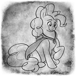 Size: 400x400 | Tagged: safe, artist:arcticwaters, pinkie pie, pony, fanfic:the enchanted library, black and white, cloak, clothes, female, grayscale, image, jewelry, mare, monochrome, necklace, png, sitting