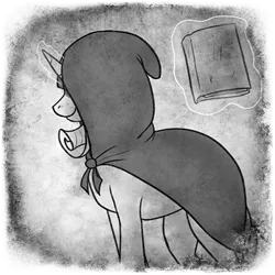 Size: 400x400 | Tagged: safe, artist:arcticwaters, discord, rarity, unicorn, fanfic:the enchanted library, black and white, book, cloak, clothes, grayscale, image, impersonating, magic, monochrome, png, telekinesis