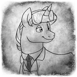 Size: 400x400 | Tagged: safe, artist:arcticwaters, oc, oc:brazened awe, oc:knowledge quill, unofficial characters only, pony, unicorn, fanfic:the enchanted library, black and white, clothes, goggles, grayscale, image, male, monochrome, png, stallion, suit