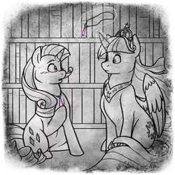 Size: 400x400 | Tagged: safe, artist:arcticwaters, rarity, twilight sparkle, twilight sparkle (alicorn), alicorn, pony, fanfic:the enchanted library, blushing, book, bookshelf, fanfic art, female, image, jewelry, magic, mare, necklace, png, sitting, spirit, talking, telekinesis