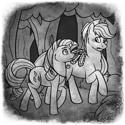 Size: 400x400 | Tagged: safe, artist:arcticwaters, applejack, rarity, earth pony, unicorn, fanfic:the enchanted library, black and white, duo, everfree forest, grayscale, image, jewelry, looking at each other, monochrome, necklace, png, raised leg, rope, walking, worried