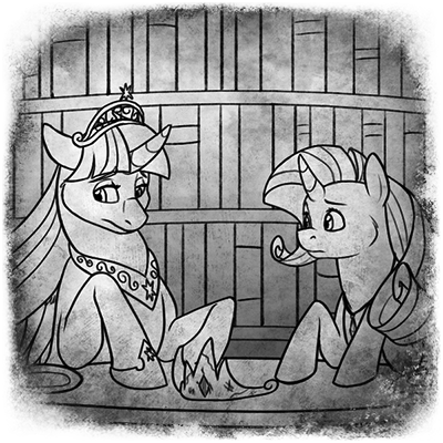 Size: 400x400 | Tagged: safe, artist:arcticwaters, rarity, twilight sparkle, twilight sparkle (alicorn), alicorn, pony, unicorn, fanfic:the enchanted library, black and white, book, bookshelf, element of magic, female, grayscale, image, jewelry, mare, monochrome, necklace, png, sad, spirit, tiara