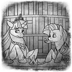 Size: 400x400 | Tagged: safe, artist:arcticwaters, rarity, twilight sparkle, twilight sparkle (alicorn), alicorn, pony, unicorn, fanfic:the enchanted library, black and white, book, bookshelf, element of magic, female, grayscale, image, jewelry, mare, monochrome, necklace, png, sad, spirit, tiara