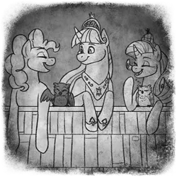 Size: 400x400 | Tagged: safe, artist:articwaters, pinkie pie, rarity, twilight sparkle, twilight sparkle (alicorn), oc, oc:elara, oc:themis, alicorn, bird, earth pony, owl, pony, unicorn, fanfic:the enchanted library, black and white, book, bookshelf, eyes closed, fanfic art, grayscale, image, laughing, looking at each other, monochrome, png, sleeping, spirit, spread wings, talking, wings